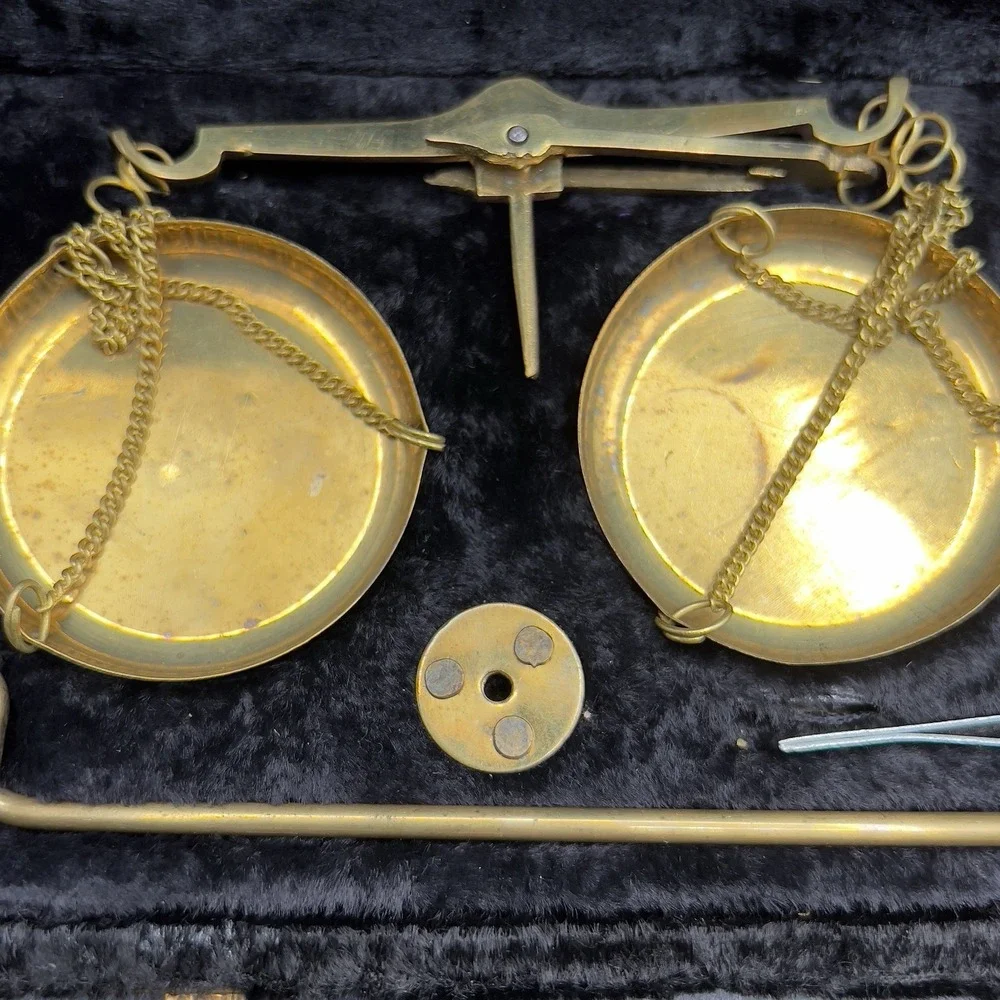 Vintage Black Velvet box with Brass Balance Scales and Weights Travel w/ box